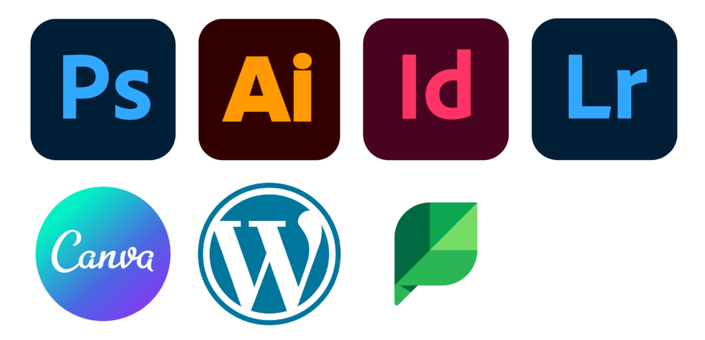 Adobe Photoshop, Illustrator, Indesign, Lightroom, Canva, WordPress, Sprout Social